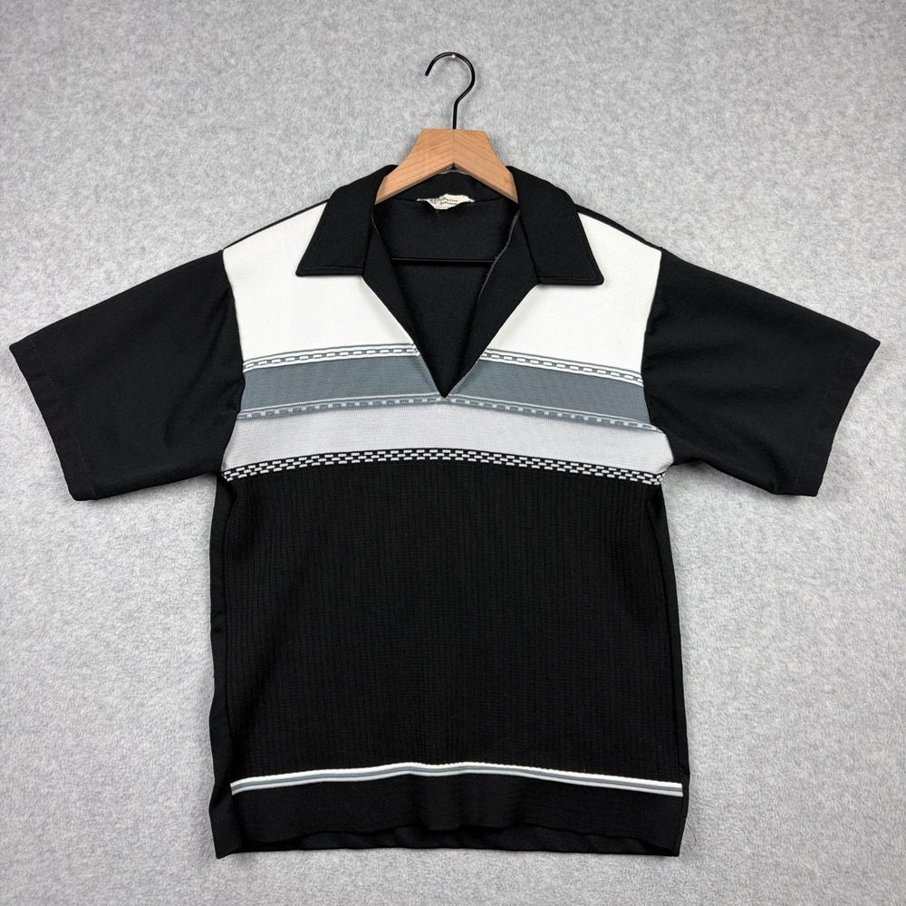 Vintage 50s 60s Knit Polo Shirt Mens Large‎ Black Gray Johnny Collar Rockabilly